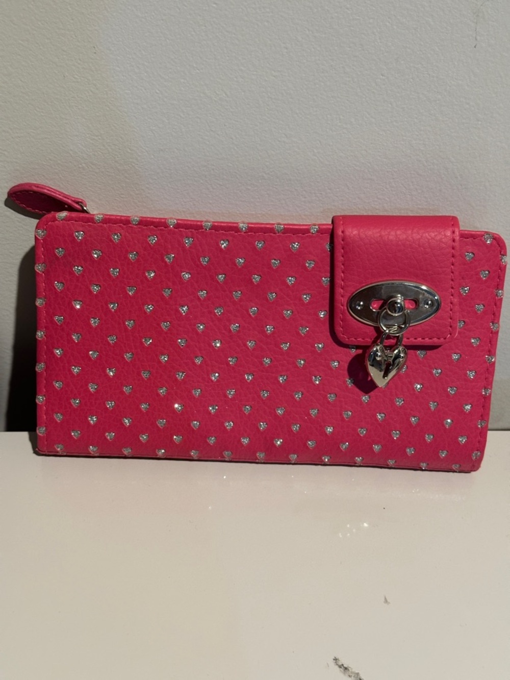 Hot Pink Heart-Stud Wallet with Silver Heart Lock